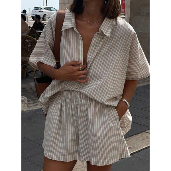 Conjunto de Camisa y Shorts a Rayas Holgado y Casual
