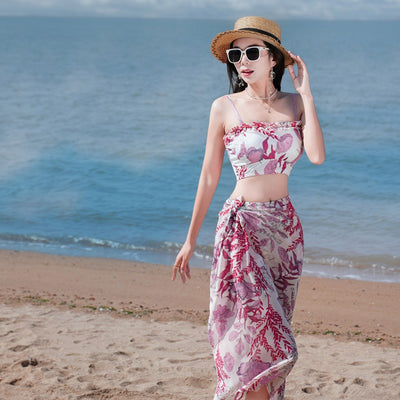 Women's light blue tropical leaf print three-piece swimsuit with short sleeve bikini top, bottoms, and sarong skirt. - Image 27