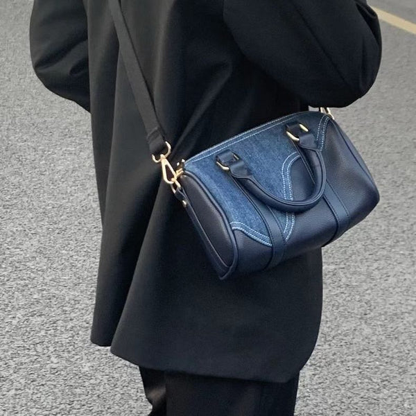 Bolsa Boston de Patchwork Denim y Cuero Retro