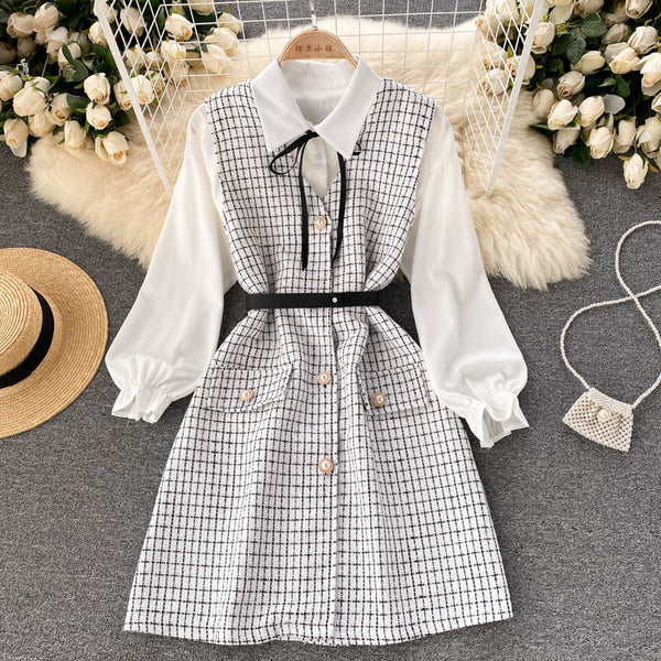 Vestido Houndstooth con Tirantes y Mangas Puff - Image 5