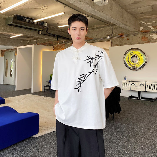 Camisa de Manga Corta con Bordado de Hojas de Bambú para Hombre - Image 2