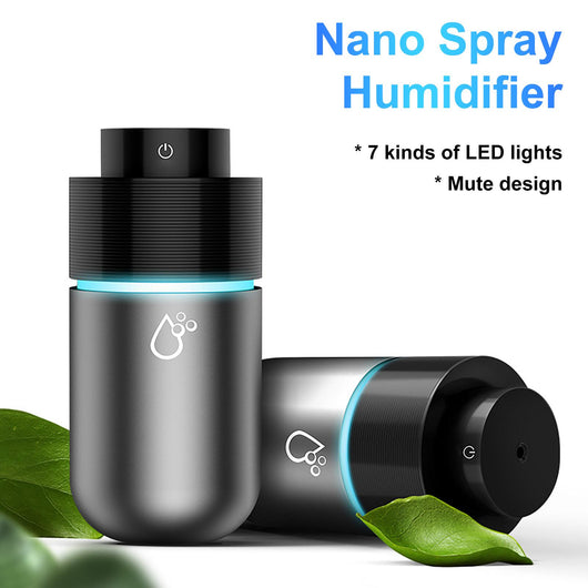 White car mini spray air purifying humidifier with a yellow light ring and a power button icon. - Image 15
