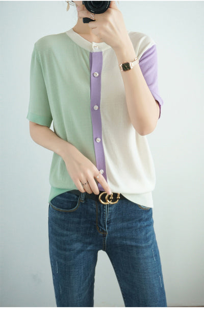 Blusa Fresca de Bloques de Color con Cuello en V - Image 8