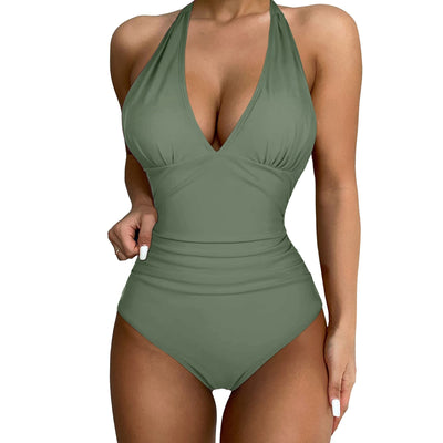 Black halter one-piece swimsuit with a deep V-neck and ruched detailing, designed for a slimming vacation look. - Image 8