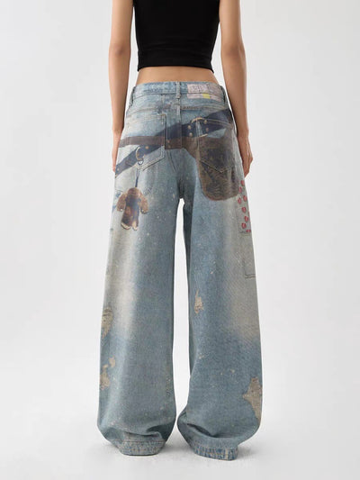 Pantalones Anchos Estilo Retro Americano con Estampado 3D Lavado - Image 9