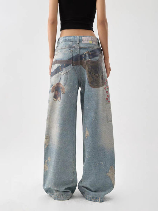 Pantalones Anchos Estilo Retro Americano con Estampado 3D Lavado - Image 9