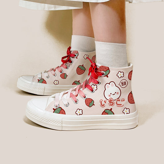 Zapatillas Altas de Lona con Diseño Adorable de Fresa y Conejo para Mujer - Image 4