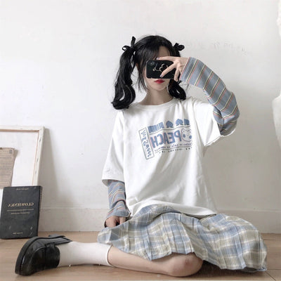 Camiseta Vintage Japonesa Falso Dos Piezas Manga Larga