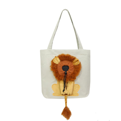 Grey soft pet carrier with a lion design, featuring a plush mane, ears, paws, and tail, and a drawstring opening. - Image 11