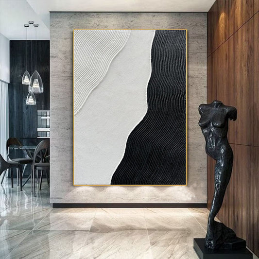 Cuadro Abstracto Minimalista en Blanco y Negro - Pintura al Óleo Texturizada Tamaño Grande