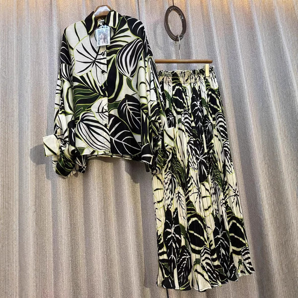 Conjunto de Dos Piezas: Blusa Estampada Personalizada + Pantalón Ancho de Cintura Alta