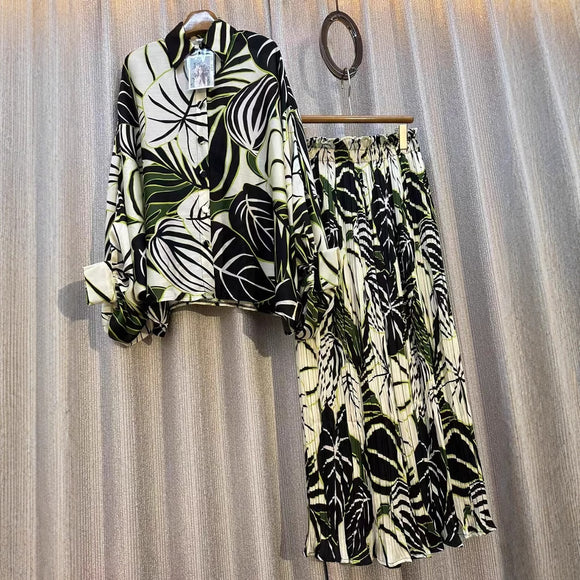 Conjunto de Dos Piezas: Blusa Estampada Personalizada + Pantalón Ancho de Cintura Alta