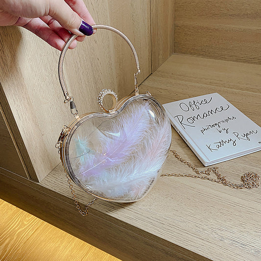 Bolso de Hombro Transparente con Cadena de Corazón y Plumas en Colores Trendy