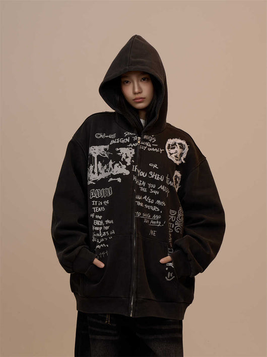Sudadera Mujer con Capucha y Cierre - Estampado de Letras Negro - Image 6