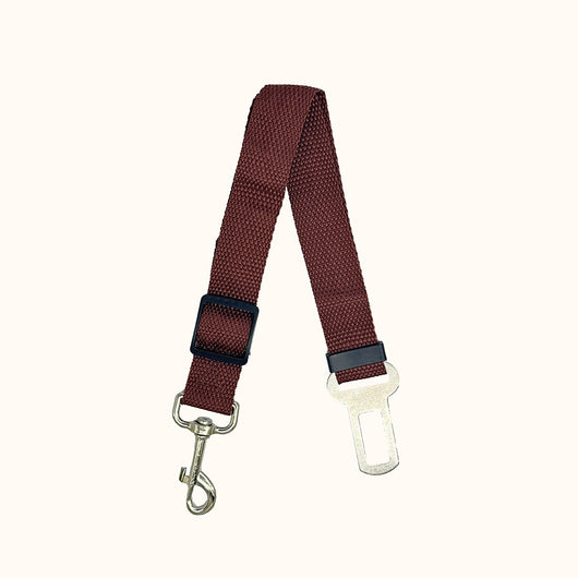 Brown nylon pet car safety belt with adjustable strap, metal seatbelt buckle, and swivel snap hook. - Image 14
