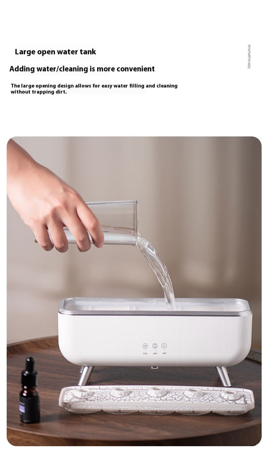 White rectangular ultrasonic humidifier with a textured top, silver legs, and control icons for mist, rotation, and light. - Image 12