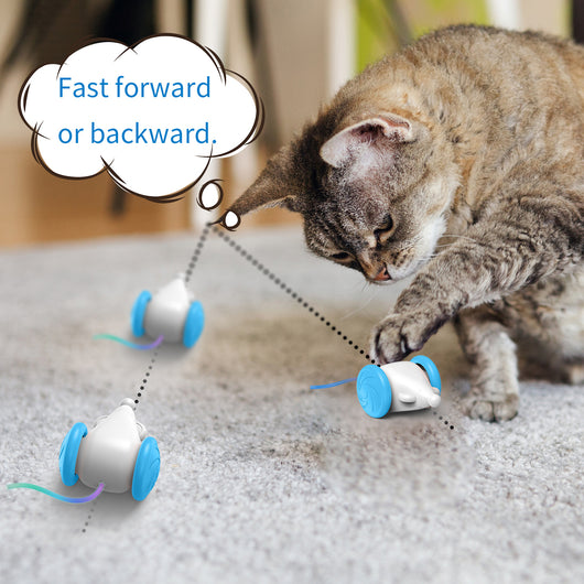 White and blue interactive cat toy shaped like a mouse with large wheels and a colorful, luminous tail. - Image 7