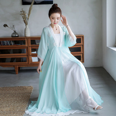 Hanfu Retro Cuello V con Flores 3D y Combinación de Colores - Image 4