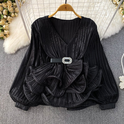 Blusa Suelta con Cuello V, Mangas Largas y Volantes en Bajo - Image 36
