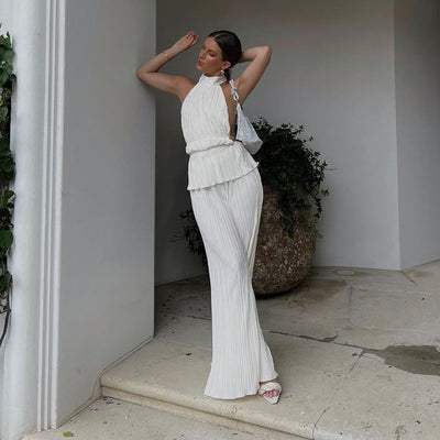 Conjunto de Pantalón Ancho Cintura Alta y Chaleco Plisado sin Mangas - Blanco - Image 5