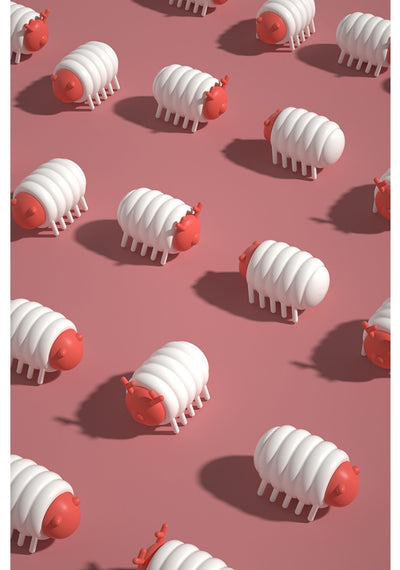 White and red interactive cat toy shaped like a segmented caterpillar with small legs and antennae. - Image 11