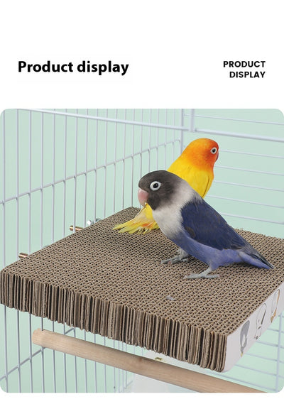Three colorful lovebirds on a rectangular corrugated cardboard platform with screws, attached to a white bird cage. - Image 10