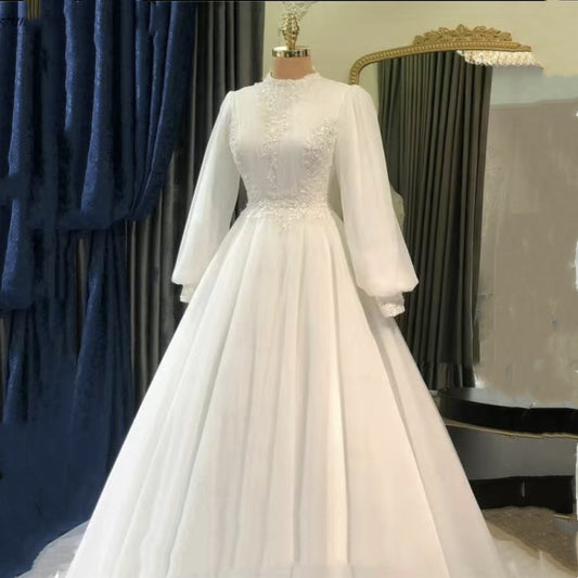 Vestido de Novia Satinado con Falda Tul y Mangas Raglán Blanco