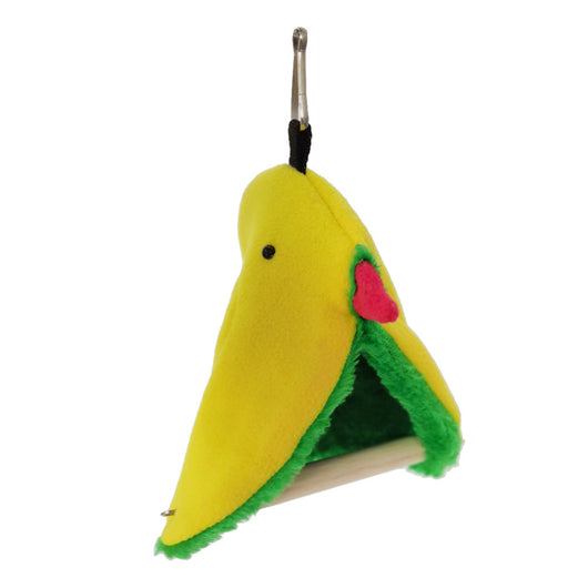 Colorful blue and pink fleece bird hammock nest with a small bird peeking out, hanging by metal clips. - Image 6