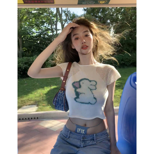 Camiseta Blanca de Manga Corta con Estampa de Conejo para Mujer - Image 3