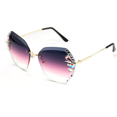Women's frameless sunglasses with brown gradient lenses and colorful rhinestone embellishments on gold metal temples. - Image 4
