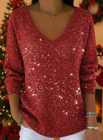 Suéter Estampado Cuello V Hombros Caídos Manga Larga para Mujer - Image 7