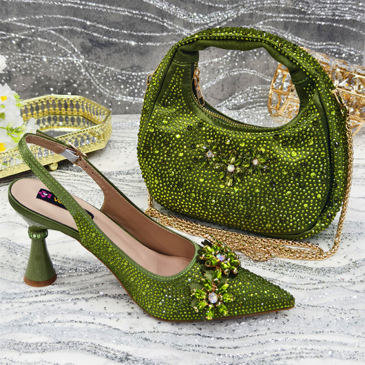 Zapatos de Tacón Alto Punta Fina con Flores de Cristales y Bolso Juego Suave - Image 5