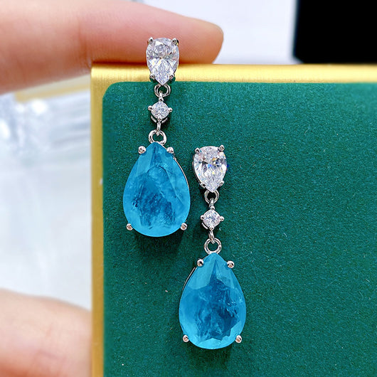 Aretes de Plata con Paraiba Sintético en Forma de Gota de Agua
