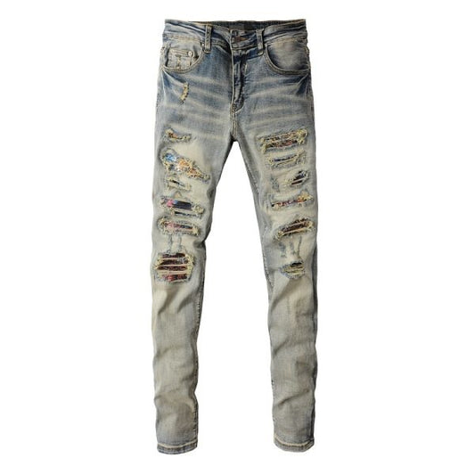 Pantalones Vaqueros Vintage Rotos para Hombre con Estampado de Gato y Parches