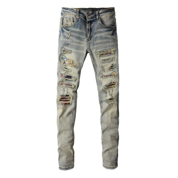 Pantalones Vaqueros Vintage Rotos para Hombre con Estampado de Gato y Parches
