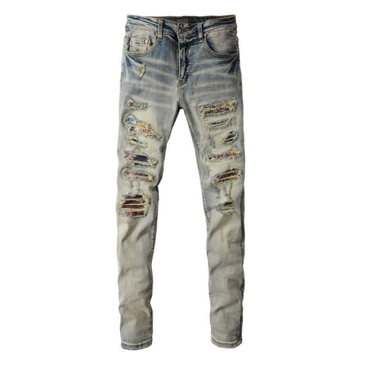 Pantalones Vaqueros Vintage Rotos para Hombre con Estampado de Gato y Parches