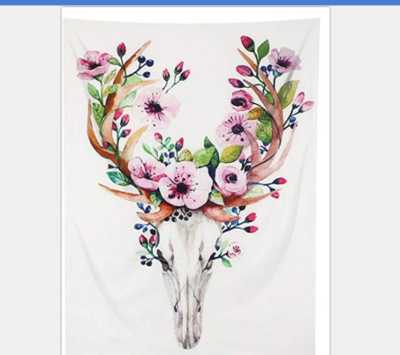 White tapestry with a watercolor deer skull and antlers adorned with pink flowers, green leaves, and blue berries. - Image 2