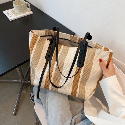 Bolsa Tote de Lona con Asa Simple - Diseño a Rayas con Contraste de Colores - Image 14