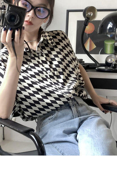 Polo Cuadros Blanco y Negro Mujer Manga Corta Suelta Estilo Casual - Image 14