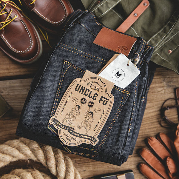 Pantalones Vaqueros Vintage Raw Denim Chieryuan Corte Recto Peso Pesado Azul Oscuro