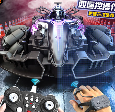 Black and purple remote control stunt car with LED lights and omnidirectional wheels, shown with its remote control and accessories. - Image 13