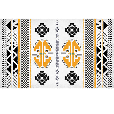 Rectangular area rug with white background and horizontal stripes of black, teal, and yellow tribal patterns. - Image 11