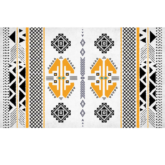 Rectangular area rug with white background and horizontal stripes of black, teal, and yellow tribal patterns. - Image 11