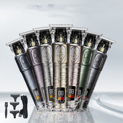 Gold electric hair clippers with an LCD display and engraved design, shown with 1mm, 2mm, 3mm guide combs, USB cable, and cleaning brush. - Image 10