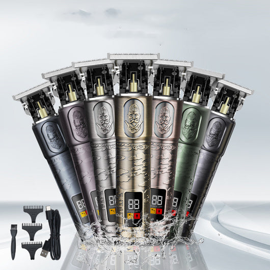 Gold electric hair clippers with an LCD display and engraved design, shown with 1mm, 2mm, 3mm guide combs, USB cable, and cleaning brush. - Image 10