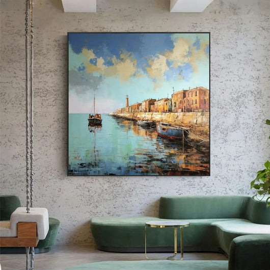 Cuadro Óleo Abstracto Paisaje Muelle con Bote - Arte Mural Personalizado Grandes Dimensiones