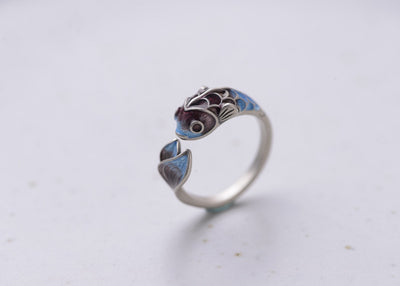 Anillo de Plata S925 Carpa Koi Azul Esmaltado Estilo Retro - Image 8