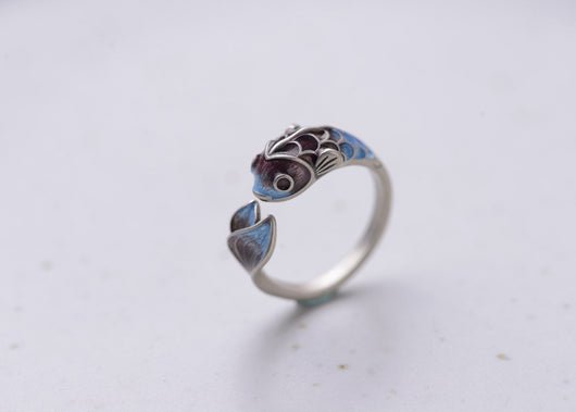 Anillo de Plata S925 Carpa Koi Azul Esmaltado Estilo Retro - Image 8
