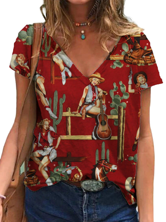 Playera Cuello V Estampado Retro 3D para Mujer - Image 15