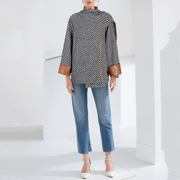 Abrigo de Lana Rayado con Cuello Maillard para Otoño e Invierno
